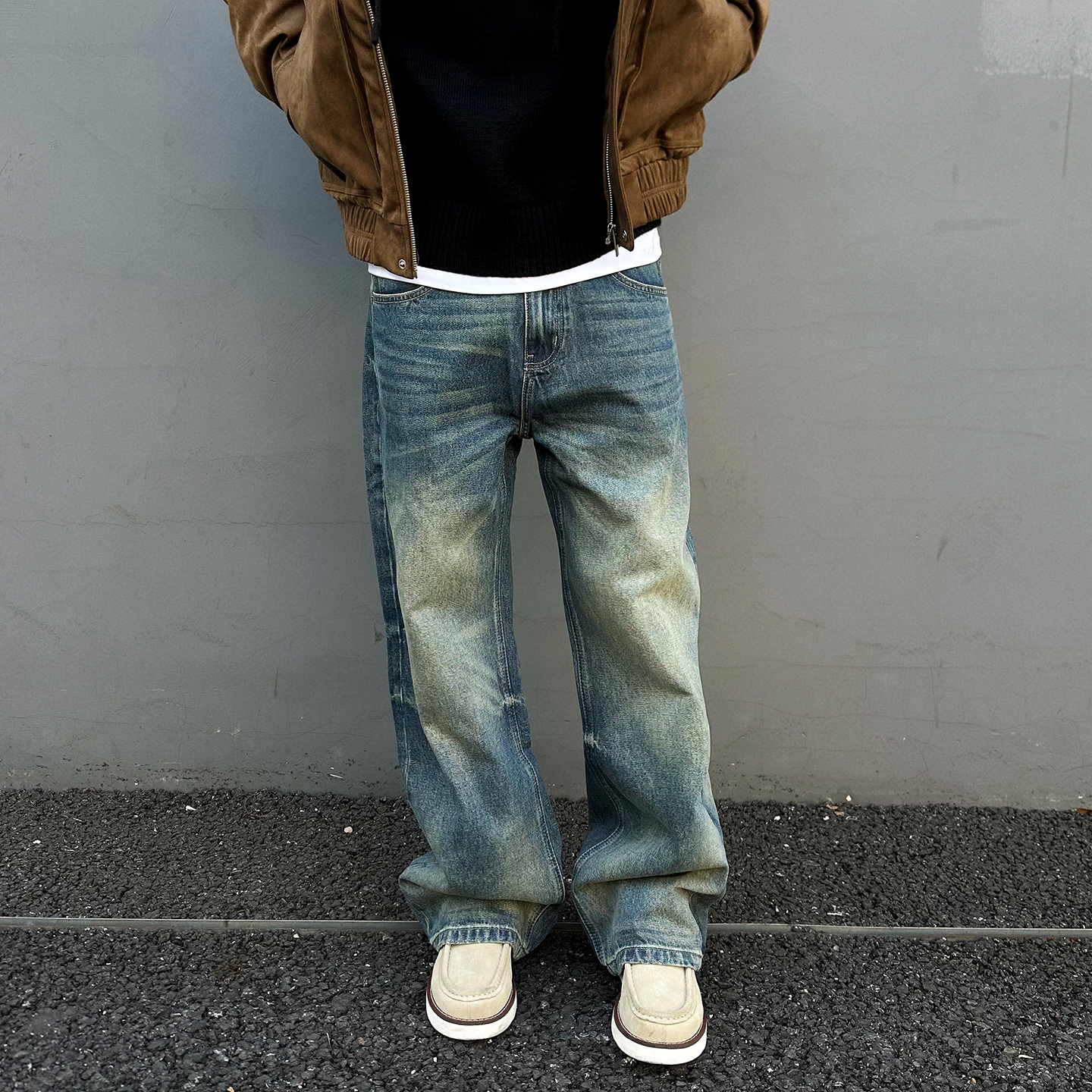 【UNAPS】高士线cleanfit猫须纹立体蜂窝蓝牛仔裤男女直筒做旧长裤