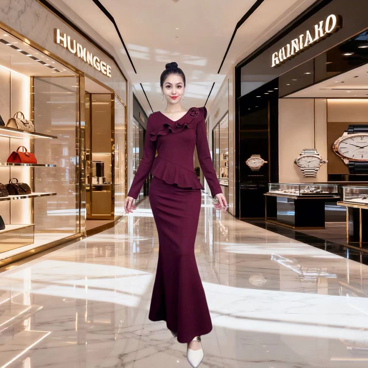 秋冬优雅气质修身显瘦遮肚子荷叶边鱼尾收腰包臀长袖连衣裙