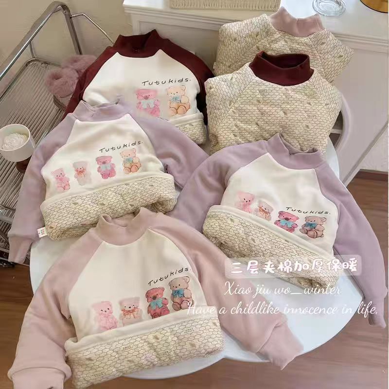 儿童保暖衣女童秋冬季新款温变三层夹棉打底衫卡通宝宝长袖上衣