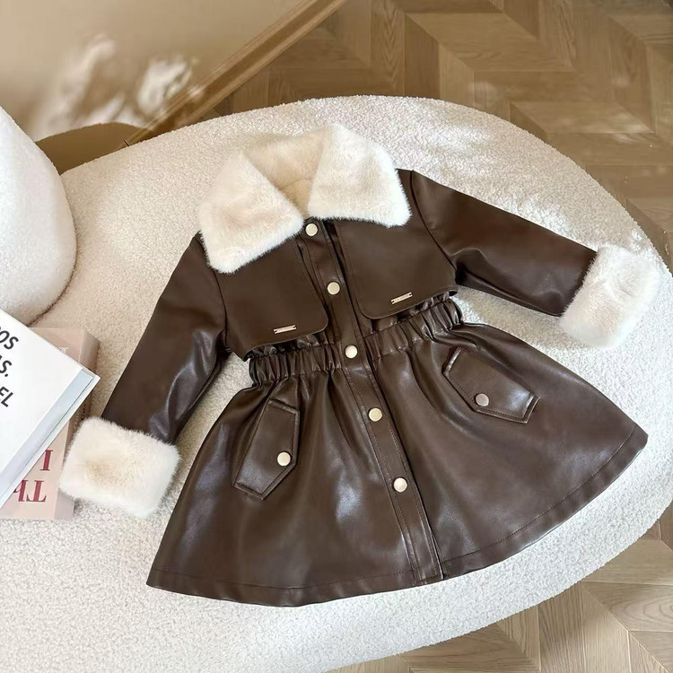 【现货】女童中长款皮衣外套2025秋冬季新款女宝宝时尚洋气收腰显瘦
