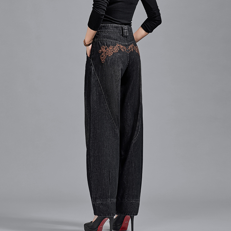 秋冬加绒高腰刺绣花牛仔裤女灯笼裤女阔腿长裤萝卜裤宽松休闲时尚