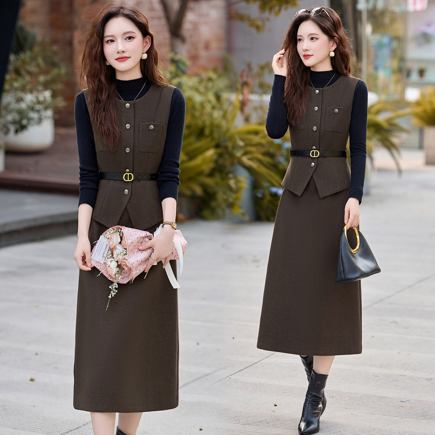 2025年冬季新款针织打底衫秋冬气质修身毛呢背心连衣裙两件套套装