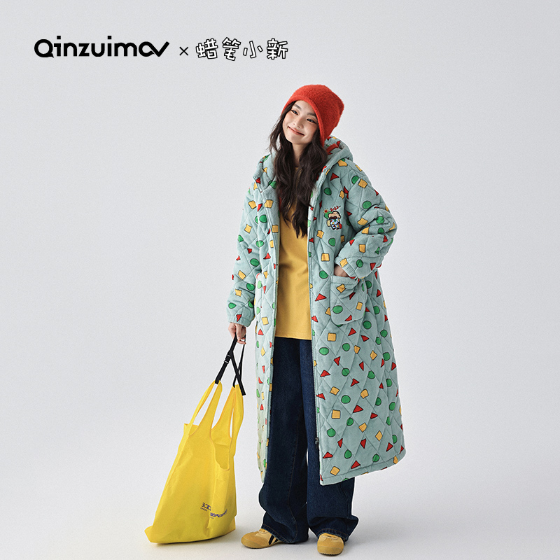 亲嘴猫X蜡笔小新 珊瑚绒三层加厚夹棉情侣睡袍家居服J48061