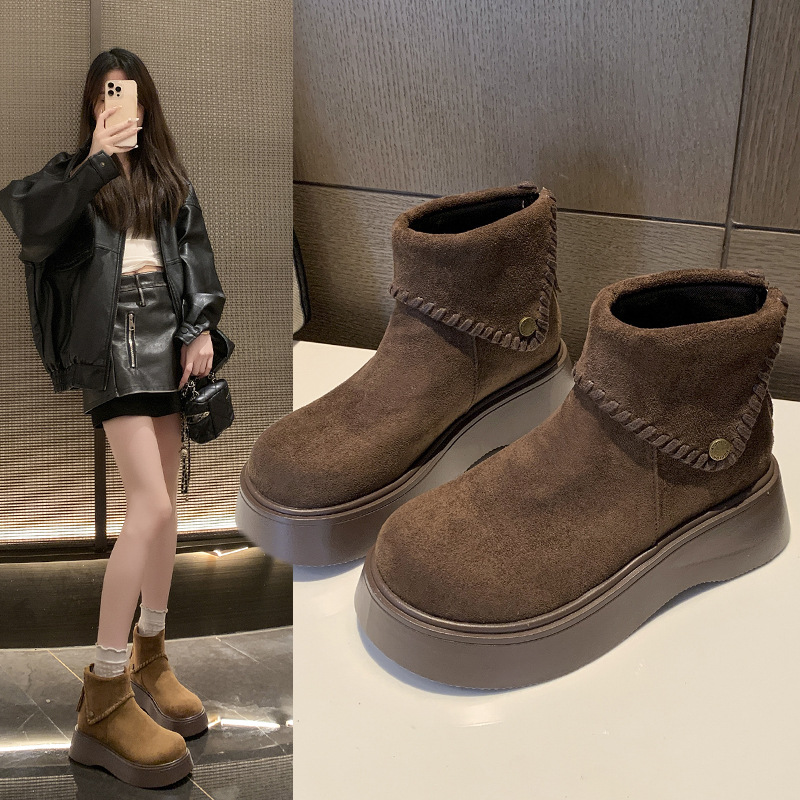 跨境厚底磨砂短靴女秋冬新款软底后拉链小个子低帮大头单里勃肯鞋