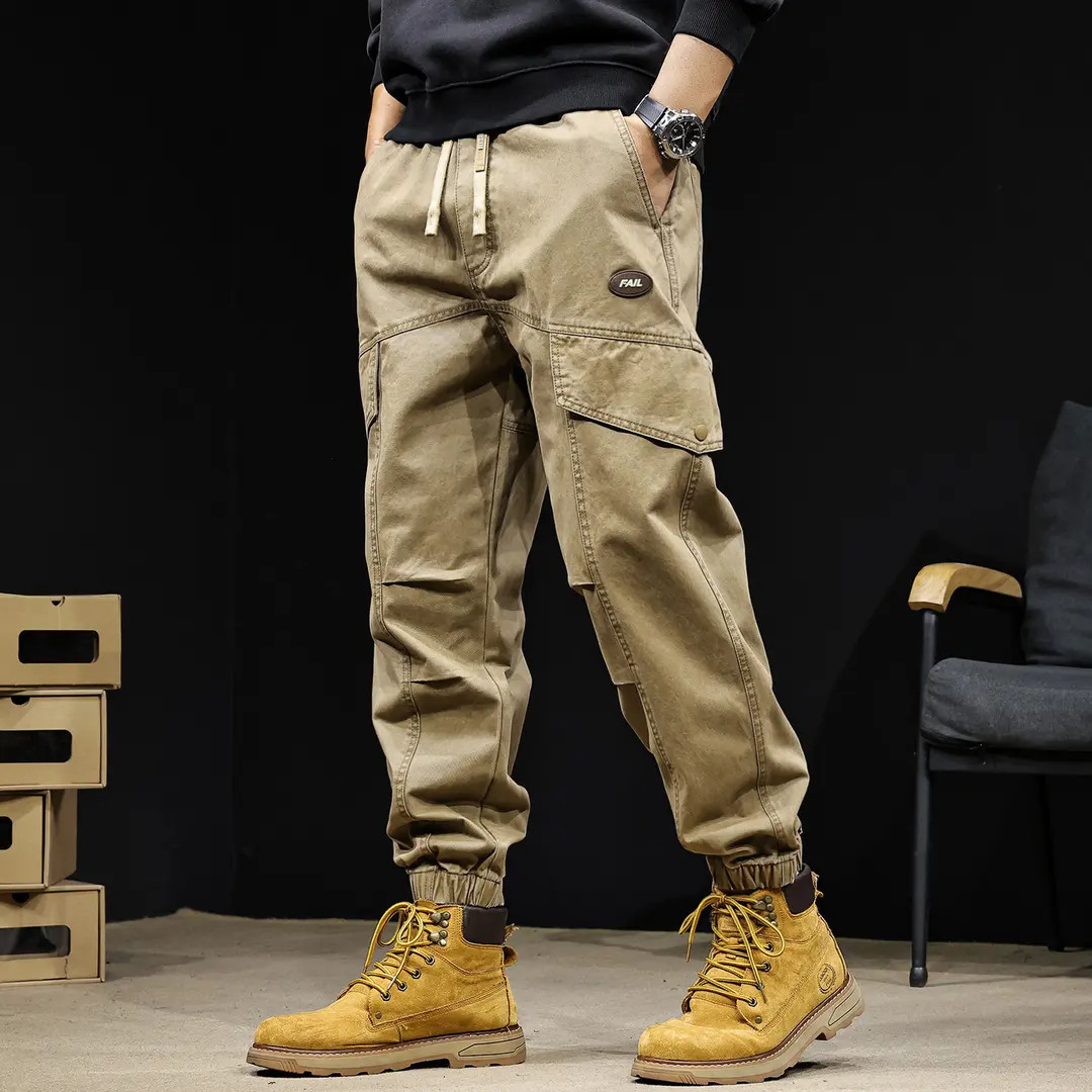 310g重磅纯棉工装束脚休闲裤男秋季新款美式拼接宽松大码伞兵长裤