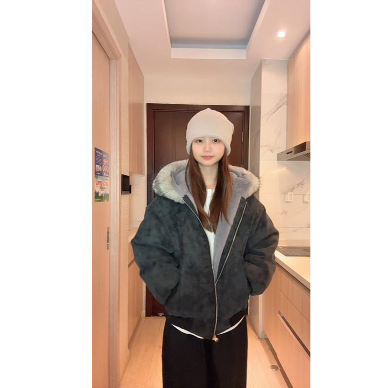 冬季新款大理石座山雕连帽毛棉衣外套男女冬季PU皮加厚保暖棉服