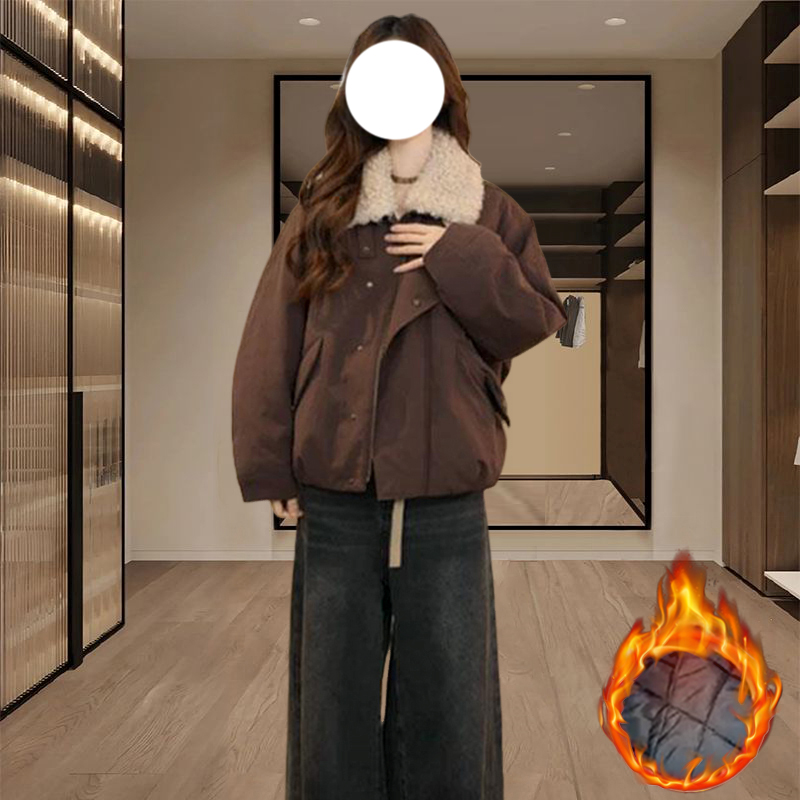 韩版羊羔毛领拼接加绒派克服冬季新款女装小个子宽松显瘦保暖外套