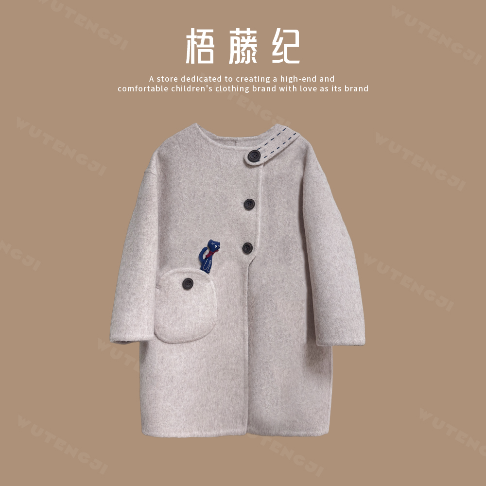 现货【猫桑】新款洋气时尚儿童大衣斜门襟中大童猫咪25DR511
