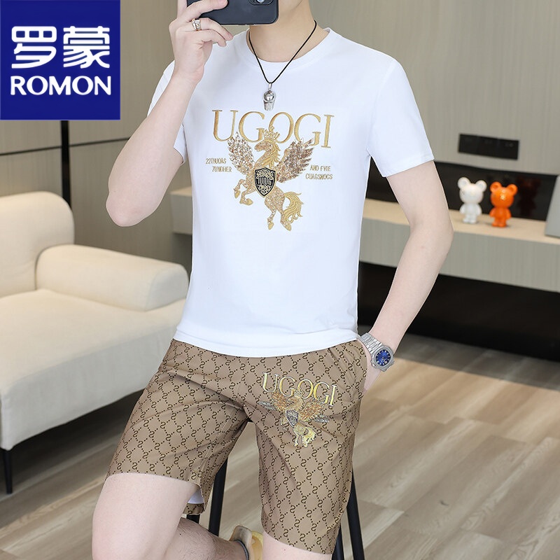 罗蒙夏天短裤短袖t恤男士高端套装潮牌休闲2025新款男装两件套潮