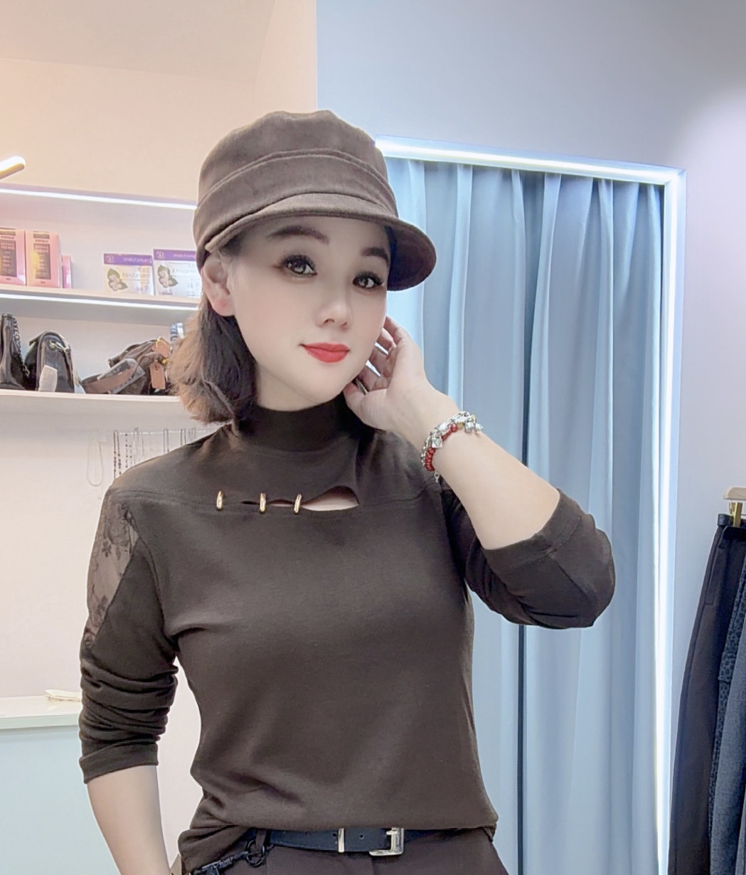 【热点】蕾丝显瘦打底衫女洋气长袖百搭T恤圆领加绒时尚短款t恤辣妹