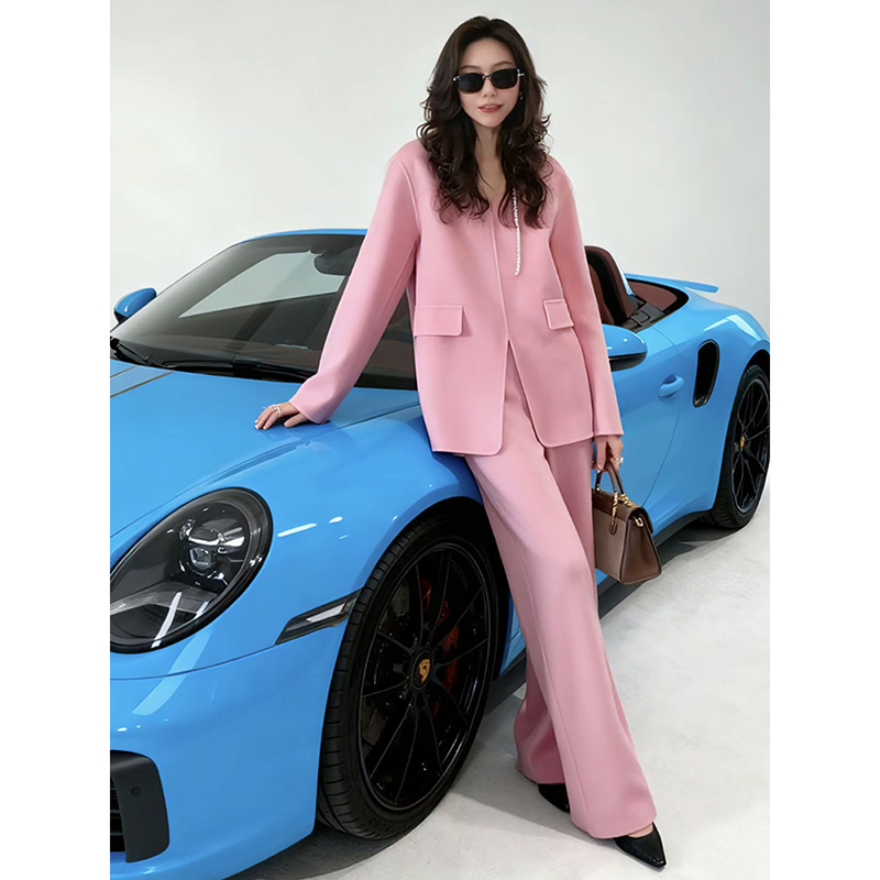 盐系轻熟休闲时尚套装女秋气质洋气粉色v领长袖上衣阔腿裤两件套