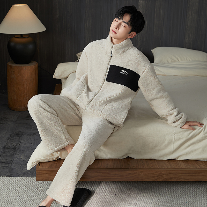 秋冬季新款珊瑚绒男士加绒睡衣套装拉链立领帅气男款冬外穿家居服