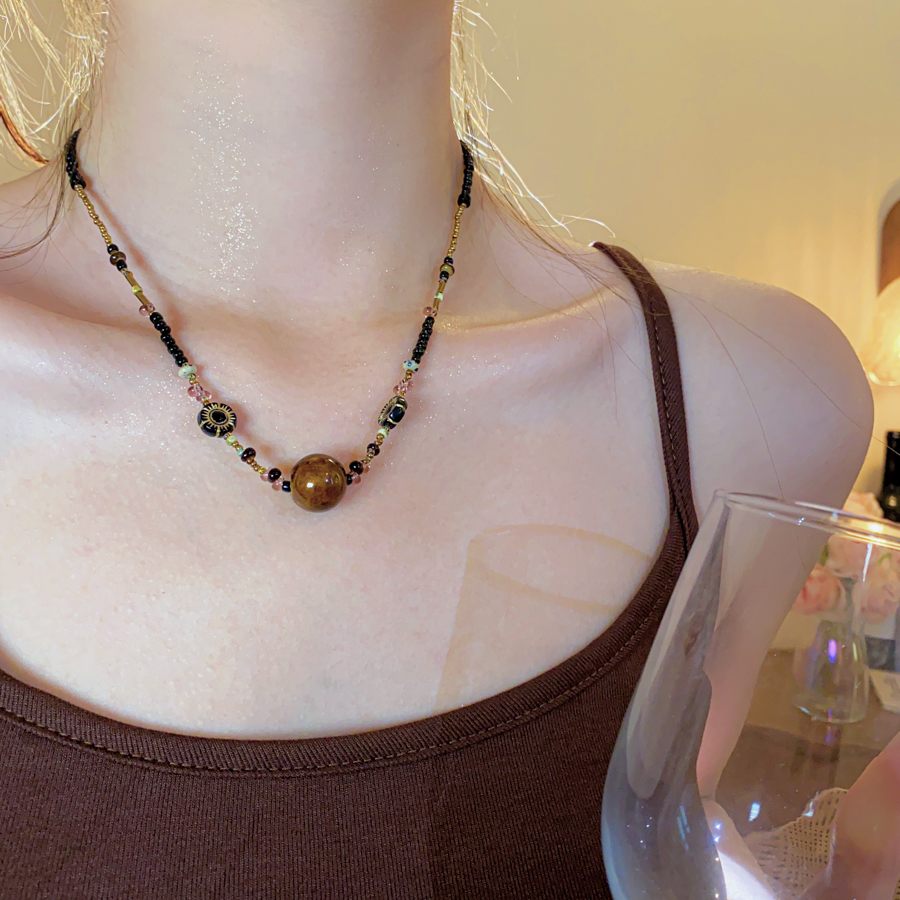 铜合金项链 新中式复古棕色项链轻奢串珠锁骨链高级感民族风配饰