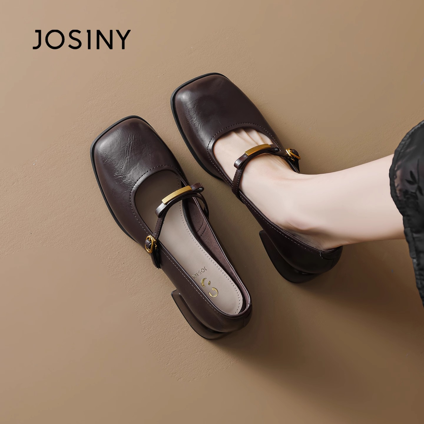 卓诗尼配裙子单鞋女2025新款秋季法式玛丽珍鞋黑色女士小皮鞋粗跟