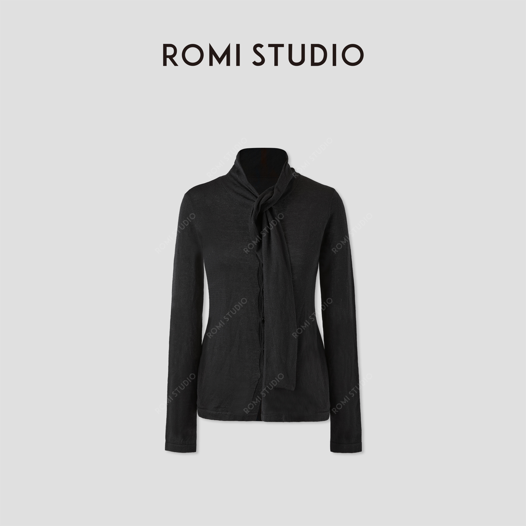 ROMI STUDIO“优雅独特”绵羊毛混纺领带扭纹开襟毛衫 RWCAS65085