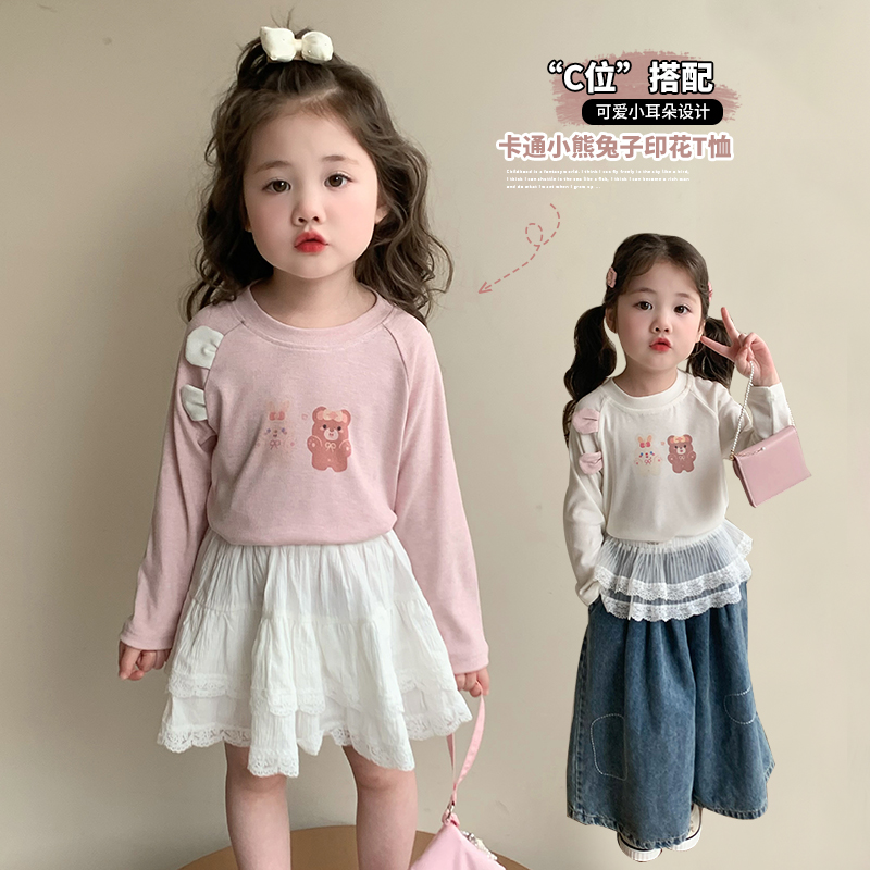 女童打底衫洋气儿童立体耳朵长袖T恤小上衣宝宝秋装2025新款春秋