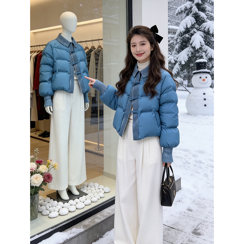 2025新款韩系复古翻领撞色短款棉衣棉服女加厚保暖面包服冬季外套
