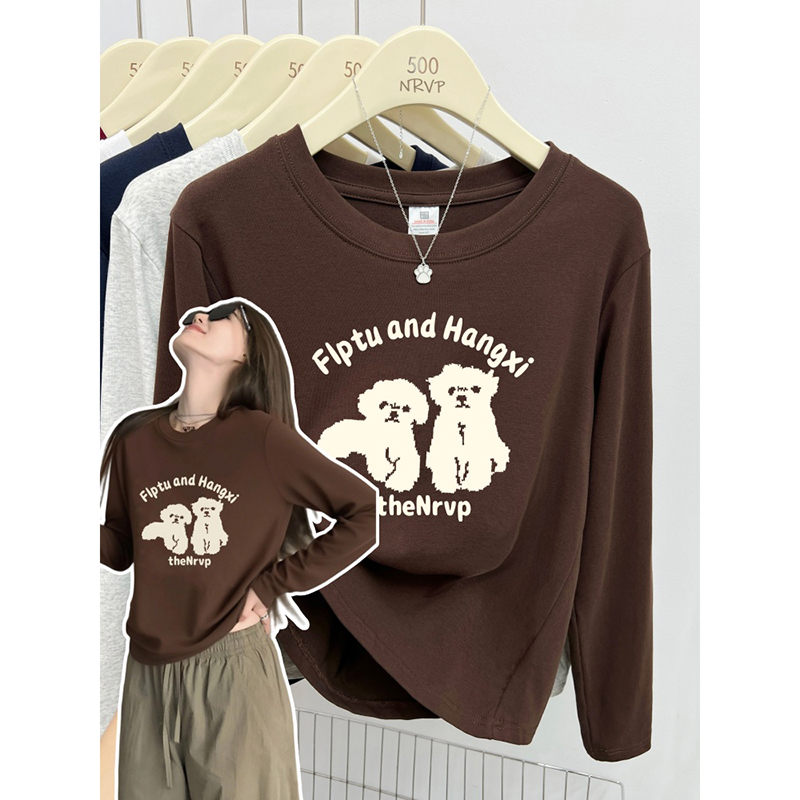 动物狗狗字母正肩长袖T恤女修身高弹力棉秋冬加绒大码女装上衣ins