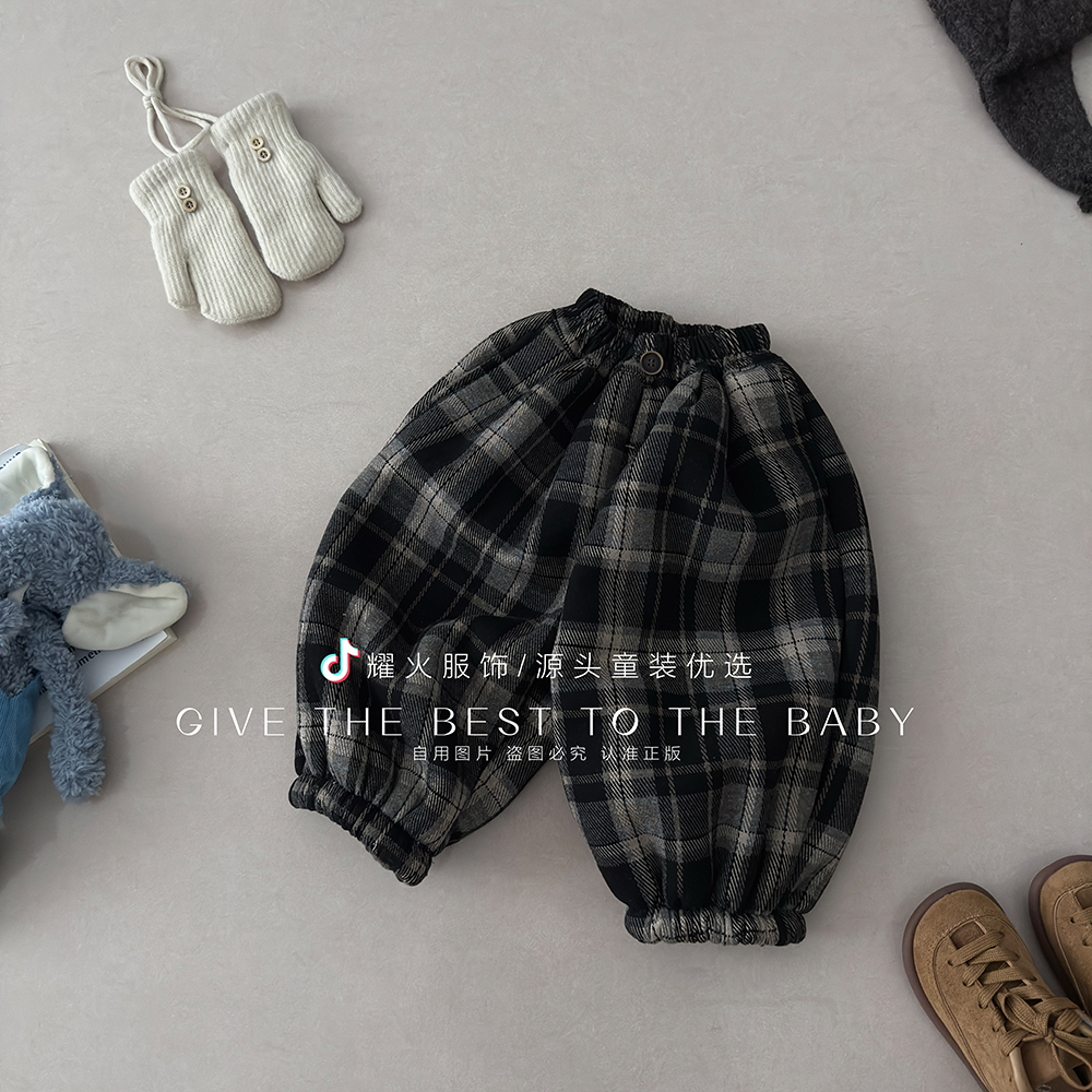 冬季厚绒儿童格子尼保暖洋气男女潮童儿童裤 HCK-8807格子加绒裤