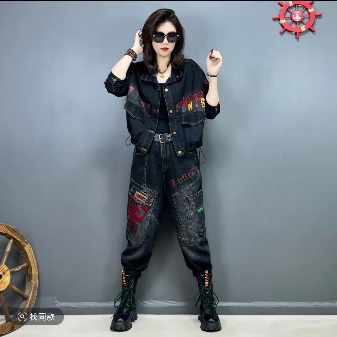 欧货春季新款时尚刺绣牛仔套装女减龄复古宽松外套显瘦哈伦牛仔裤