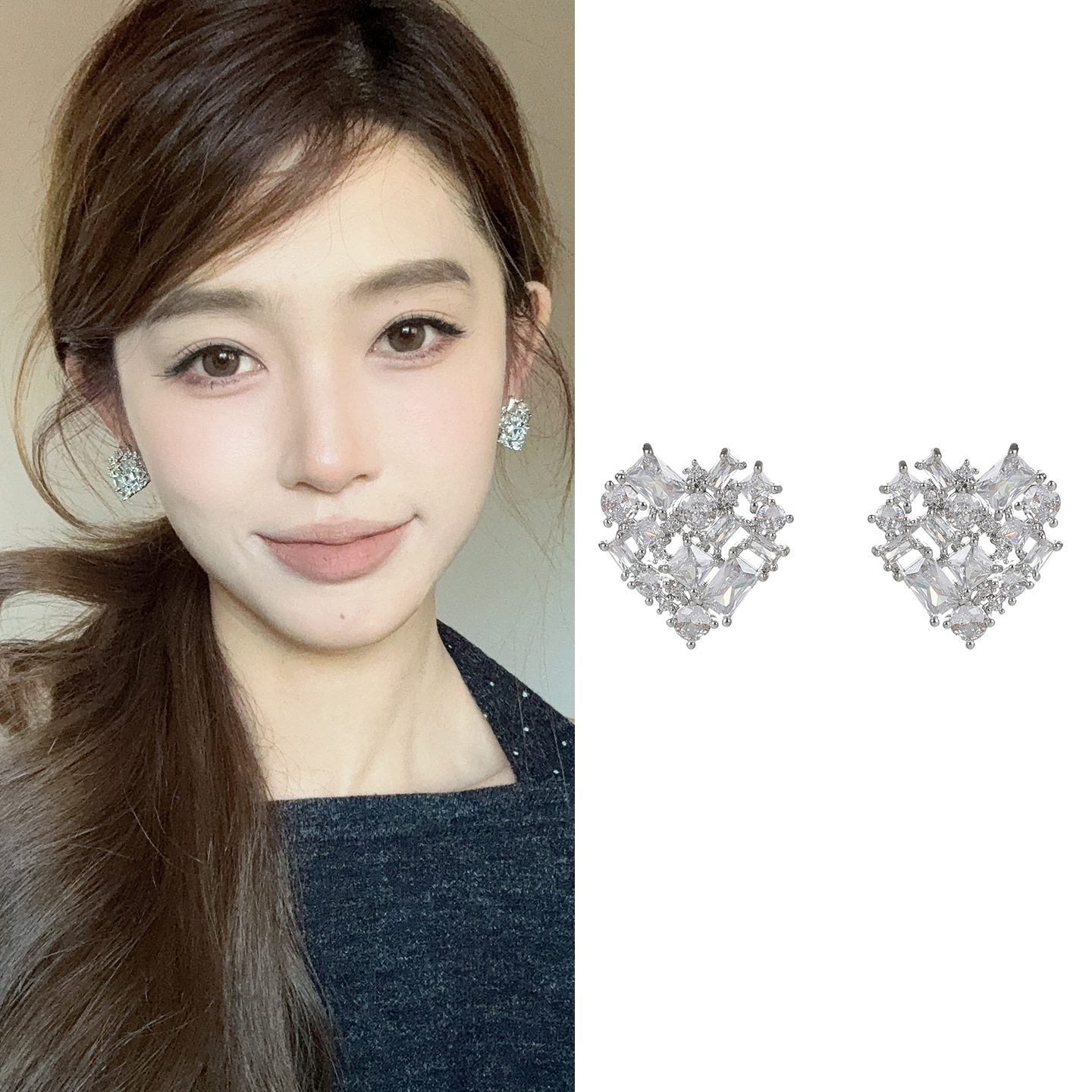 oushipei/欧诗佩 铜合金合成锆石耳饰 气质超闪重工满钻爱心耳环