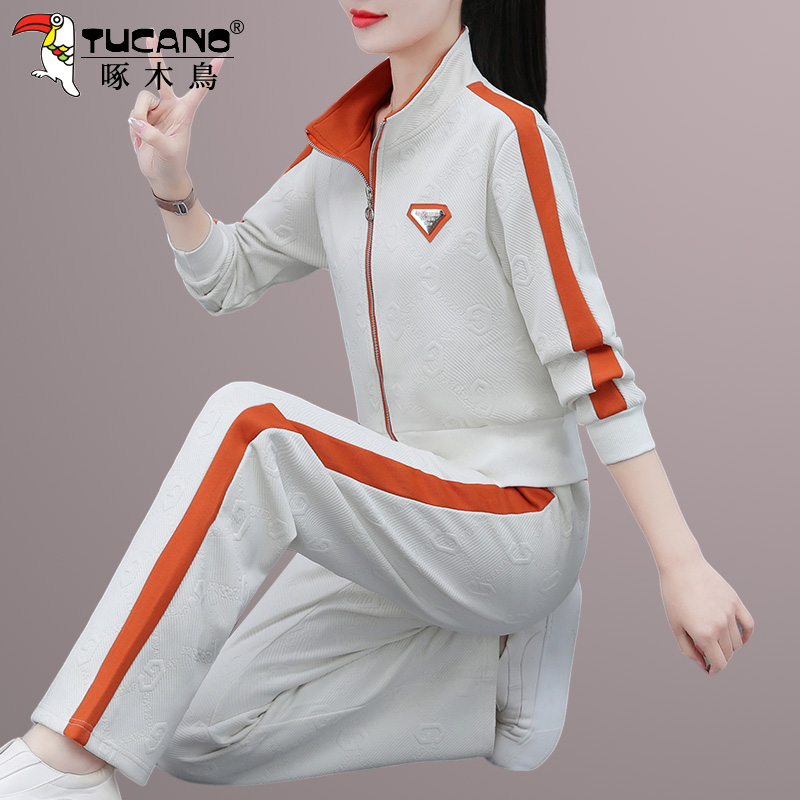 啄木鸟休闲运动套装女2025新款春秋洋气妈妈秋装开衫卫衣两件套