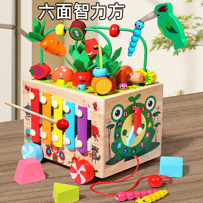多功能儿童早教木制智力车形状配对积木敲击琴绕珠拖拉玩具
