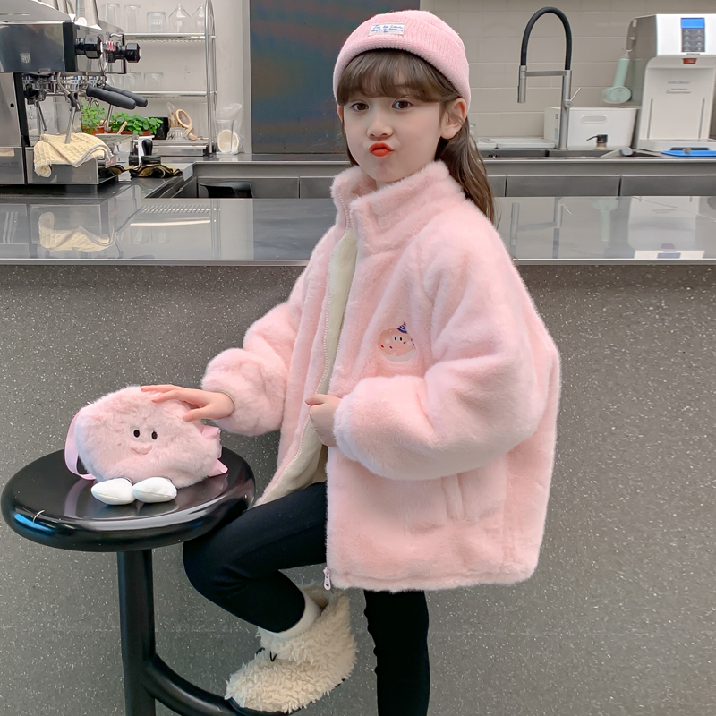 女童秋冬装外套2025新款儿童女孩冬季加绒加厚水貂绒甜美卡通上衣