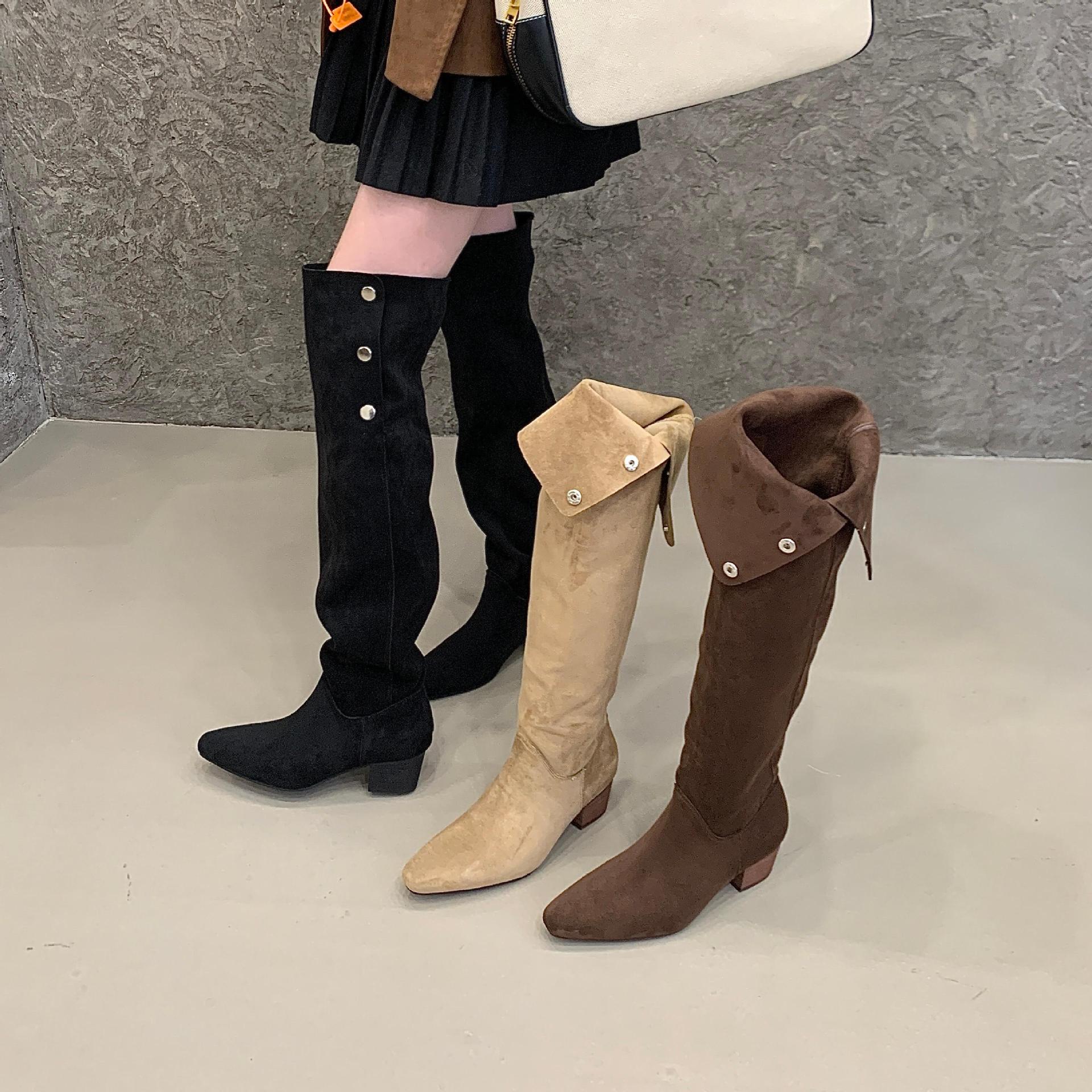 高跟时尚尖头百搭长靴女靴高筒靴长筒瘦瘦靴中中跟绒面方头成