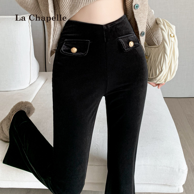 拉夏贝尔洋气黑色丝绒微喇叭裤子女秋冬高腰显瘦休闲拖地加绒长裤