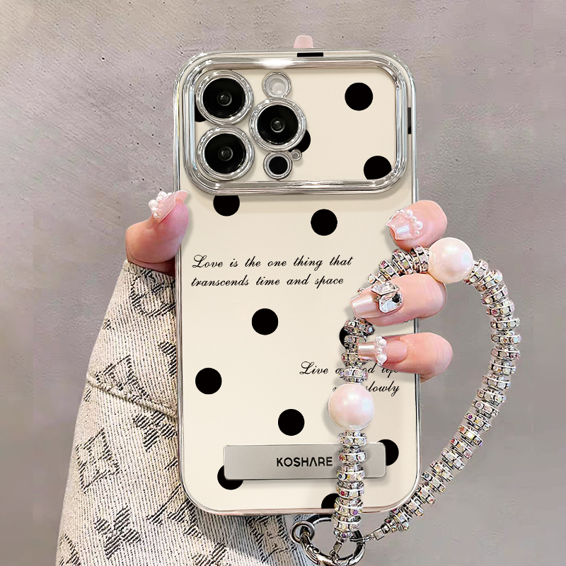 适用于苹果17promax手机壳新款电镀大视窗黑色波点英文简约防摔壳