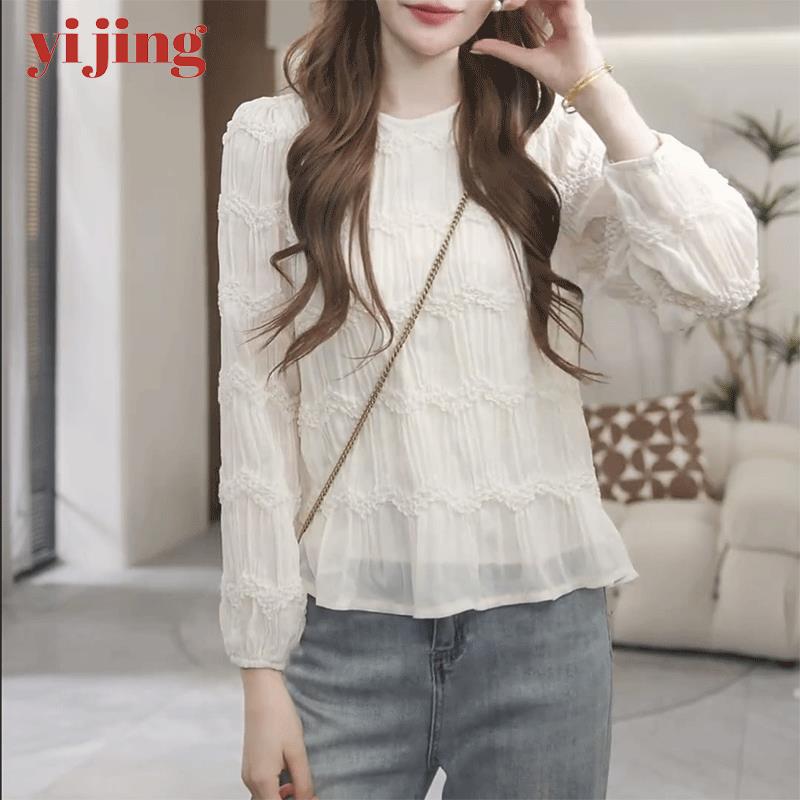 感长袖圆领褶皱肌理感衬衫女夏季新款气质显瘦设计感小衫上衣