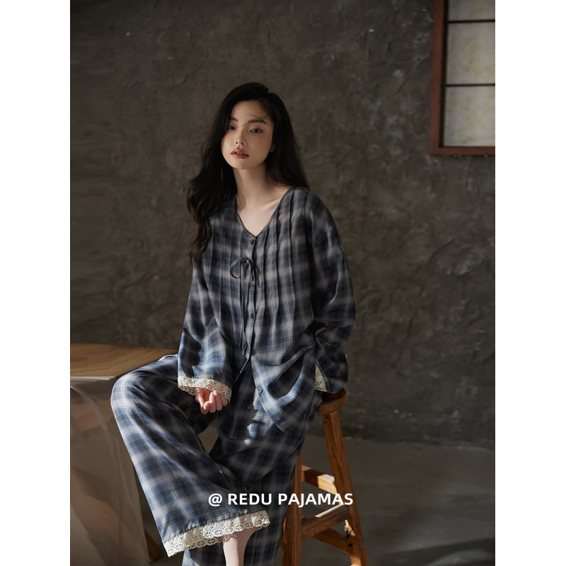 【云柔织】热妒睡衣女春秋季格子高级感长袖带胸垫可外穿家居服套装
