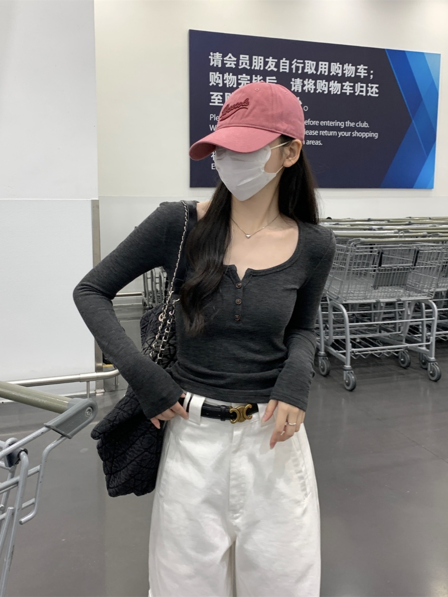 2025年春秋新款磨毛t恤纯欲辣妹方领长袖修身打底衫内搭上衣