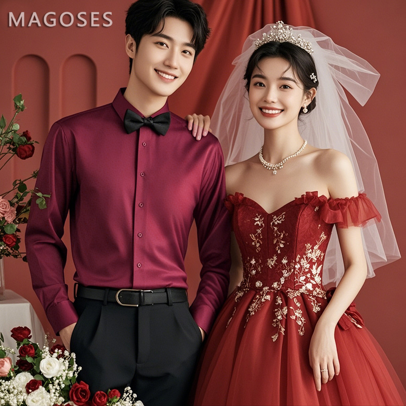 新郎衬衫男长袖结婚套装修身正装衬衣伴郎订婚接亲婚礼衣服酒红色