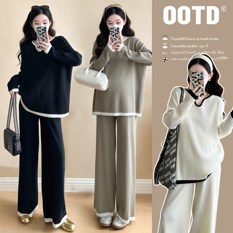 孕妇秋装套装2025新款大码V领撞色拼接针织慵懒气质宽松上衣春秋