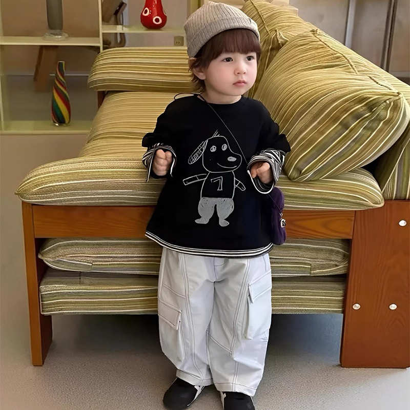 儿童T恤男假两件秋季新款小童卡通上衣洋气宝宝条纹打底衫女长袖