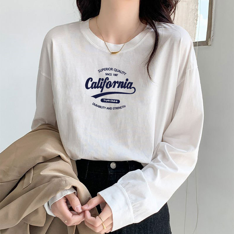 白色长袖体恤衫纯棉高质量圆领外穿内搭打底衫宽松女上衣长Tee