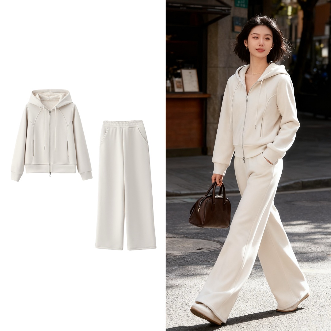 【依凡芙】秋日暖意羊毛桑蚕丝重磅连帽休闲女士套装JY481A