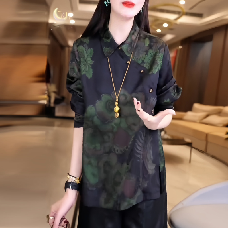 新中式休闲减龄衬衫女2025年秋冬新款设计感国风复古翻领长袖上衣