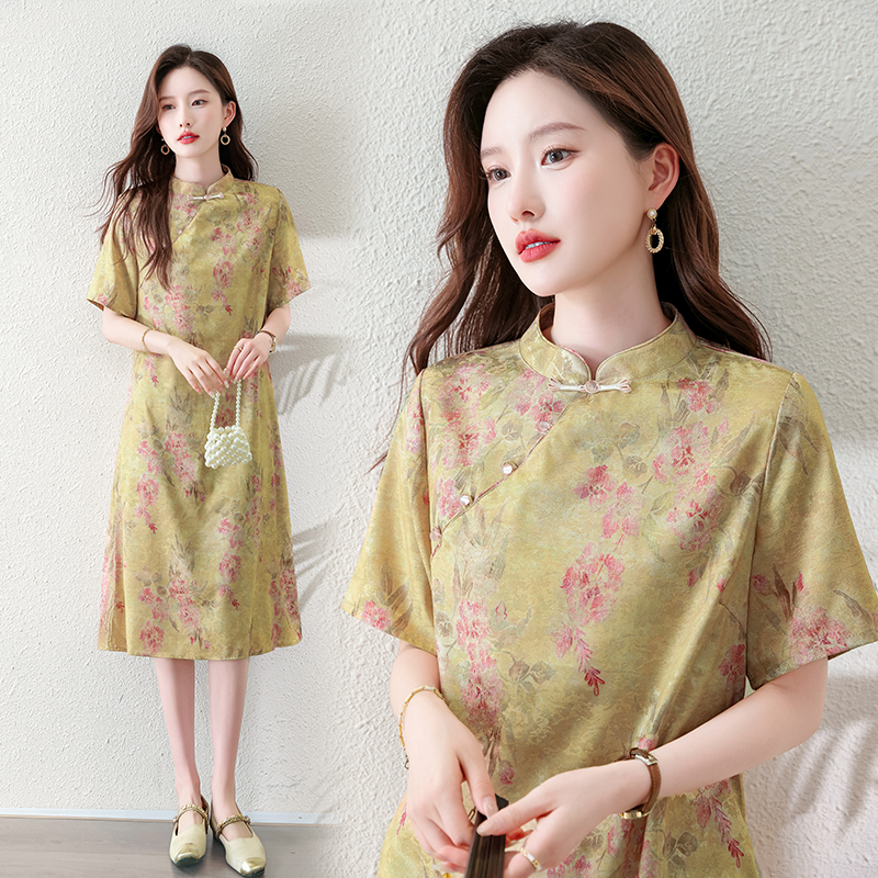 新中式国风旗袍优雅中长款日常碎花显瘦A字裙时尚圆领民族风短袖
