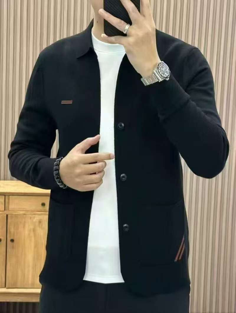 2025秋冬男士高级黑针织翻领秋冬轻奢休闲商务男款长袖开衫H08