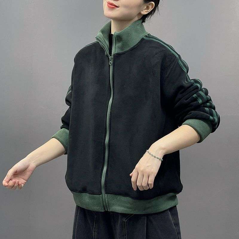 2025秋冬新款加绒加厚双面奥粒绒开衫外套女宽松保暖立领...