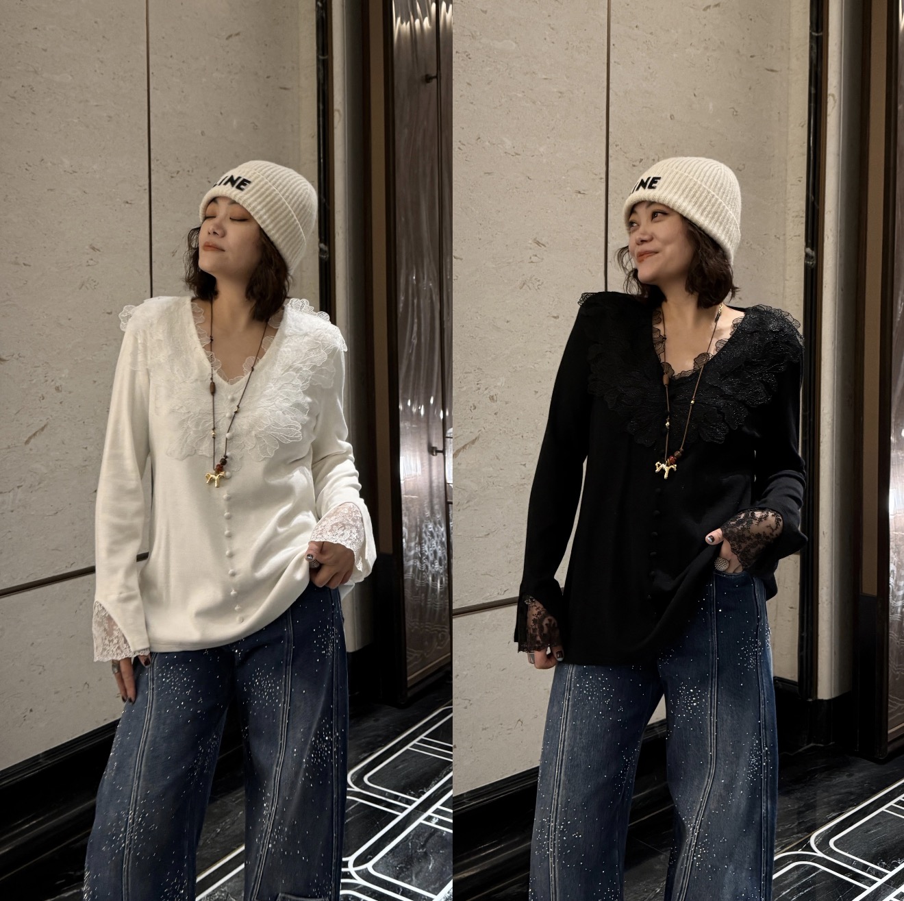 YDFSTUDIO小众【碧落轻纱】欧货高品重工蕾丝花边拼接设计V领上衣