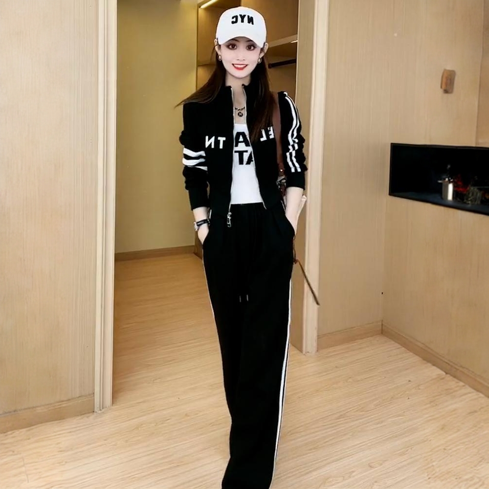 欧货休闲运动套装女秋季新款时尚减龄气质显瘦开衫外套长裤两件套