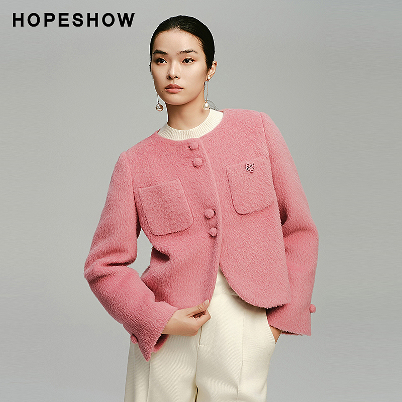 红袖冬季2024新款女装 箱型正肩单排扣圆领短毛呢大衣89324410808