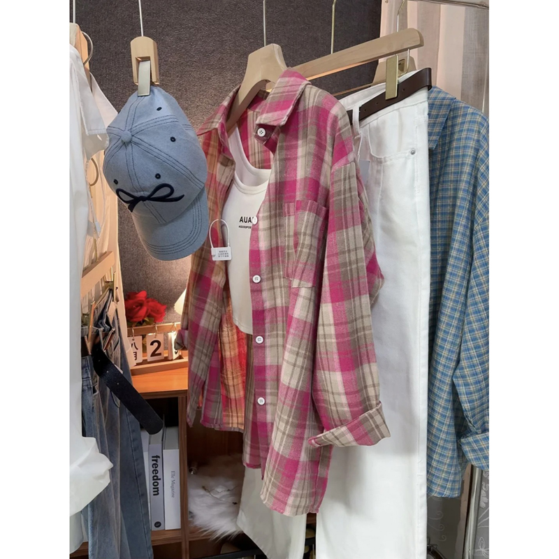 撞色复古格子衬衫外套女2025秋季新款高级感慵懒宽松长袖叠穿上衣