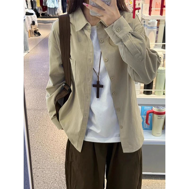卡其色潮牌工装长袖衬衫男春秋季慵懒松弛感衬衣cleanfit痞帅外套