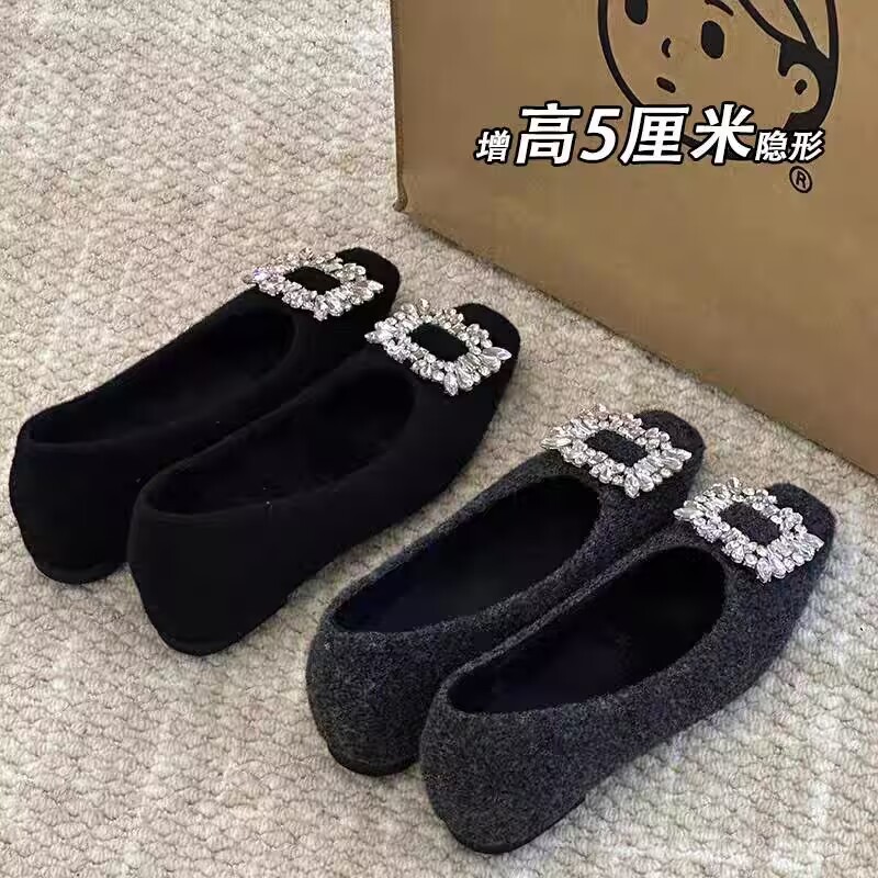 隐形增高5厘米韩系小众仙女浅口水钻毛呢单鞋女气质冬外穿毛毛鞋
