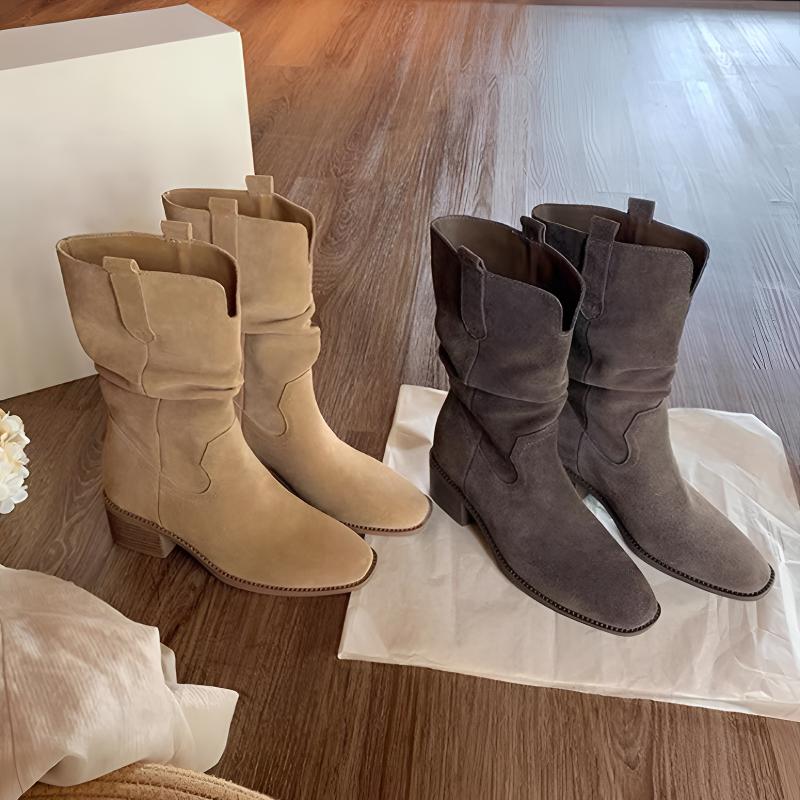 【葡葡女鞋】增高8cm~圆头V口粗跟厚底显瘦大筒围堆堆靴女短靴秋冬